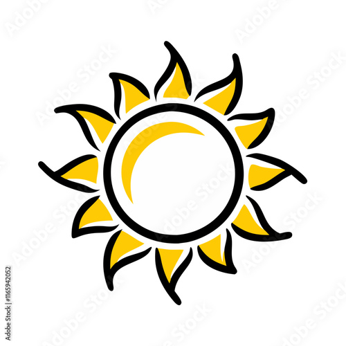 Colorful cartoon sun icon with stylized rays in yellow and black on a white background