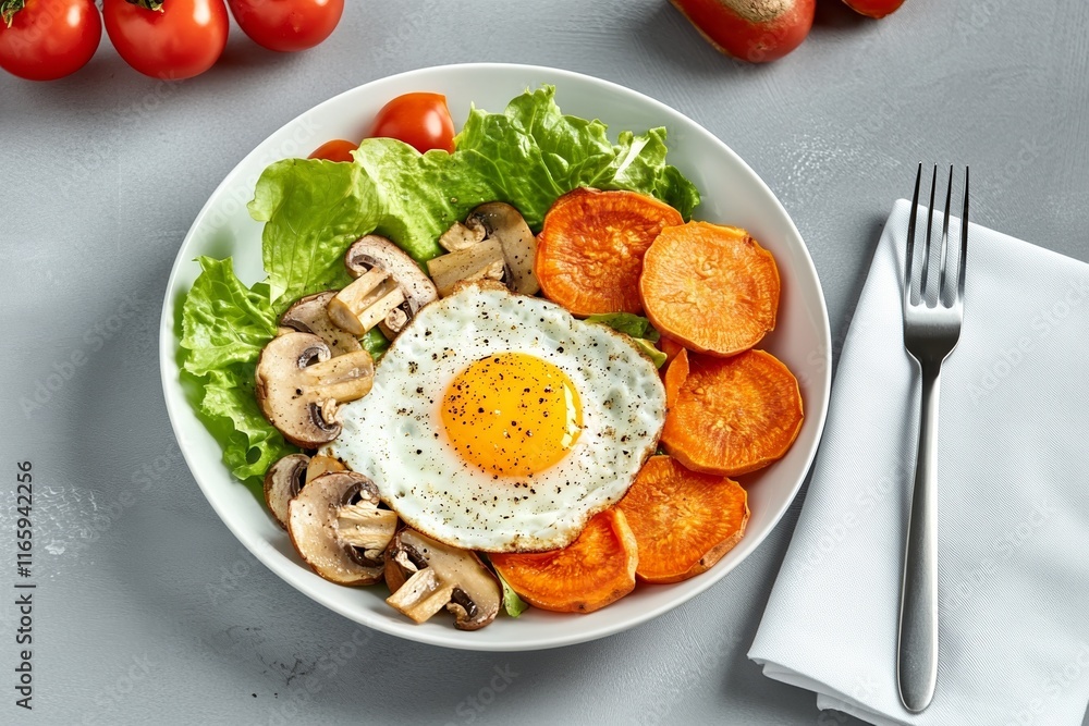 Vibrant breakfast bowl with eggs, vegetables, and sweet potato, photographed top view. Vibrant breakfast bowl with eggs, vegetables, and sweet potato, photographed top view.