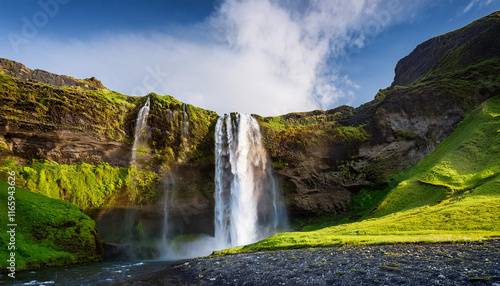 waterfall in the mountain valley icelandic nature photo landscape outdoor travel