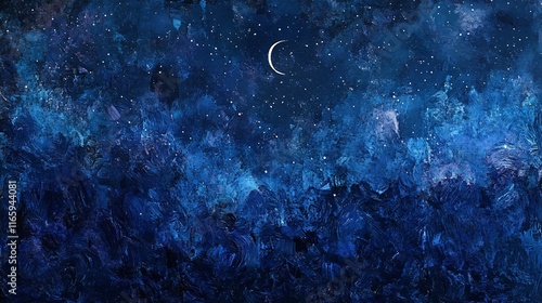 A serene night sky painted in deep blues with a crescent moon and twinkling stars.