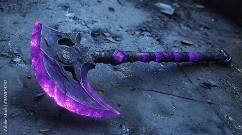 A fantasy-themed battle axe with a mystical purple glow, resting on a gritty, textured surface.