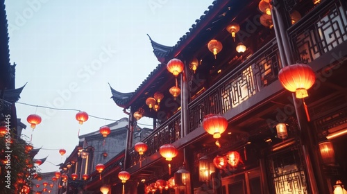 Majestic Chinese temple under clear blue skies, adorned with vibrant red lanterns and festive decorations. photo