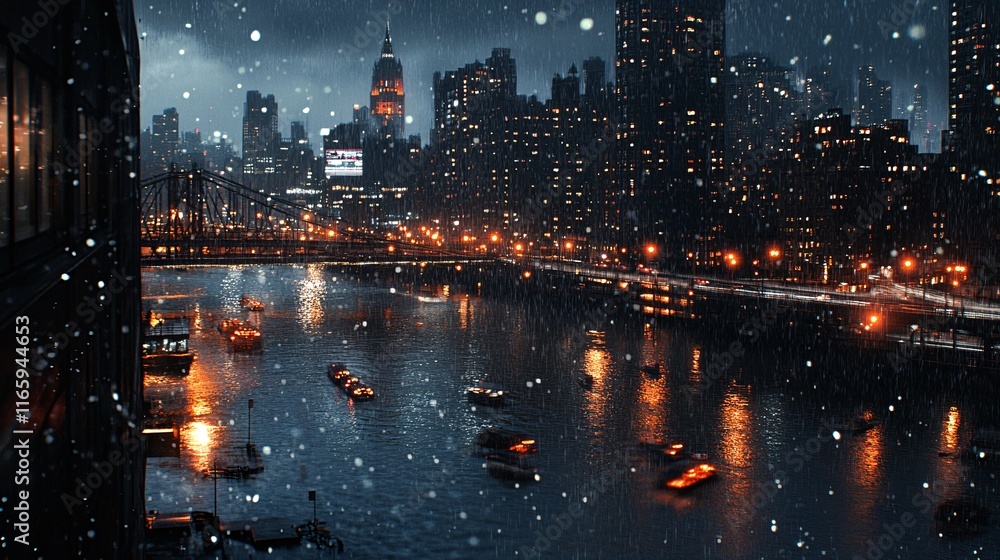 A beautiful winter night scene in a bustling city, showcasing snowflakes falling over illuminated skyscrapers and reflections on the water. A beautiful winter night scene in a bustling city, showcasing snowflakes falling over illuminated skyscrapers and reflections on the water.