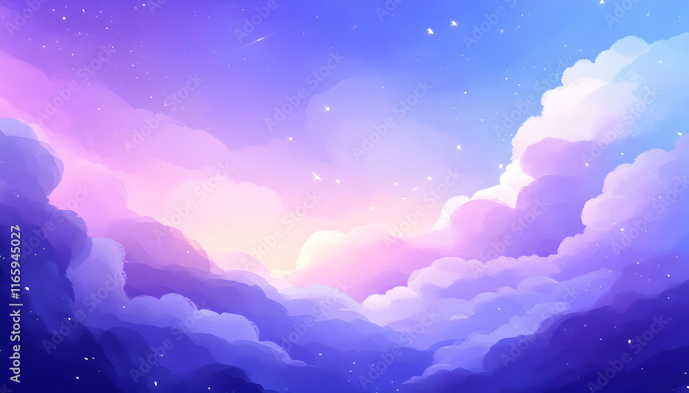 Obraz premium Dreamy pastel sky, fluffy clouds, purple, pink, blue hues, shooting stars, magical, ethereal, fantasy background.