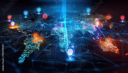 A vibrant digital world map showcasing interconnected data points, illuminated by glowing markers representing locations and networks.