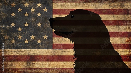 Silhouette of a dog against a weathered American flag background, symbolizing loyalty and patriotism. photo