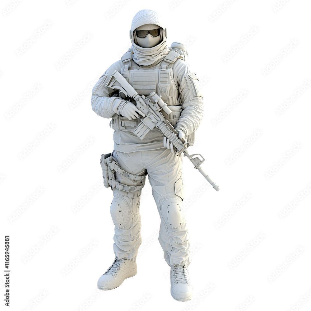 Military operative in full combat gear armed with rifle isolated on png transparent background Military operative in full combat gear armed with rifle isolated on png transparent background