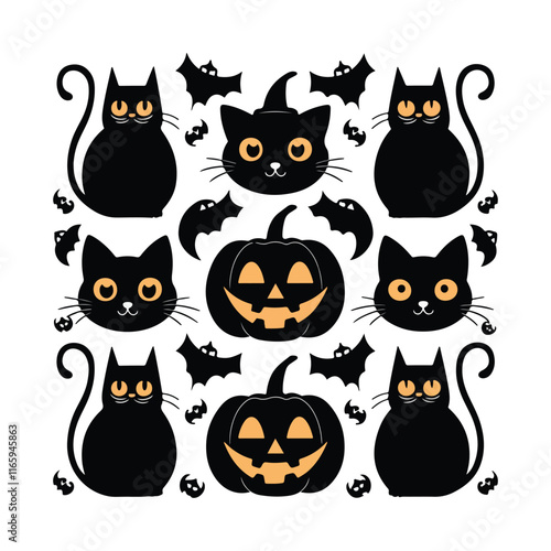 Cats Silhouettes Cats Set of silhouettes black cat, on white background. Vector Cats behavior 