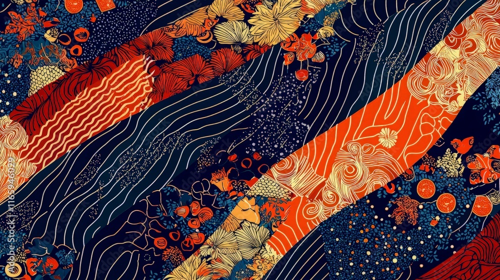 Abstract diagonal patchwork pattern with floral, wave, and geometric designs in red, gold, and blue tones. Abstract diagonal patchwork pattern with floral, wave, and geometric designs in red, gold, and blue tones.