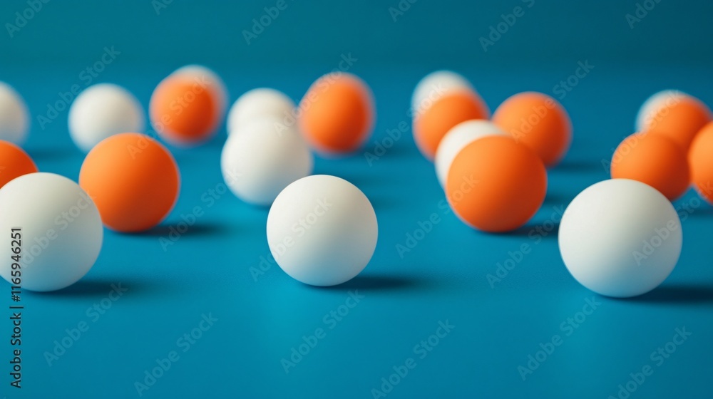 Colorful ping pong balls scattered on a vibrant blue surface, creating a playful and dynamic atmosphere. Colorful ping pong balls scattered on a vibrant blue surface, creating a playful and dynamic atmosphere.