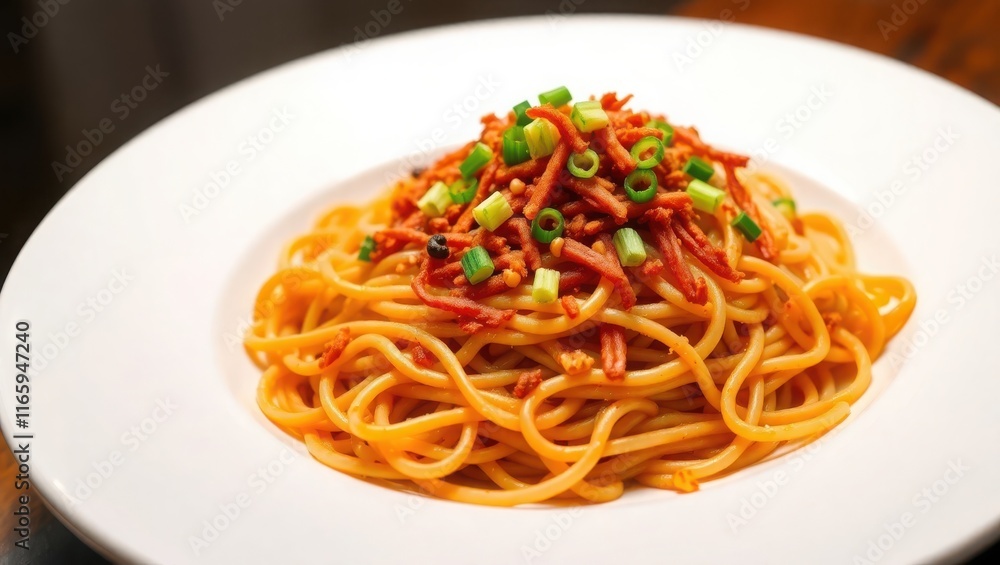 Delicious Spaghetti Dish with Meat and Green Onions