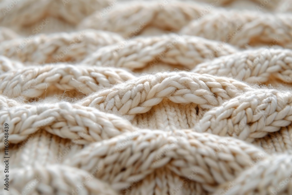The close-up view highlights an intricate pattern of knitted cream yarn, revealing the warm, cozy texture of the fabric illuminated by soft daylight. The close-up view highlights an intricate pattern of knitted cream yarn, revealing the warm, cozy texture of the fabric illuminated by soft daylight.