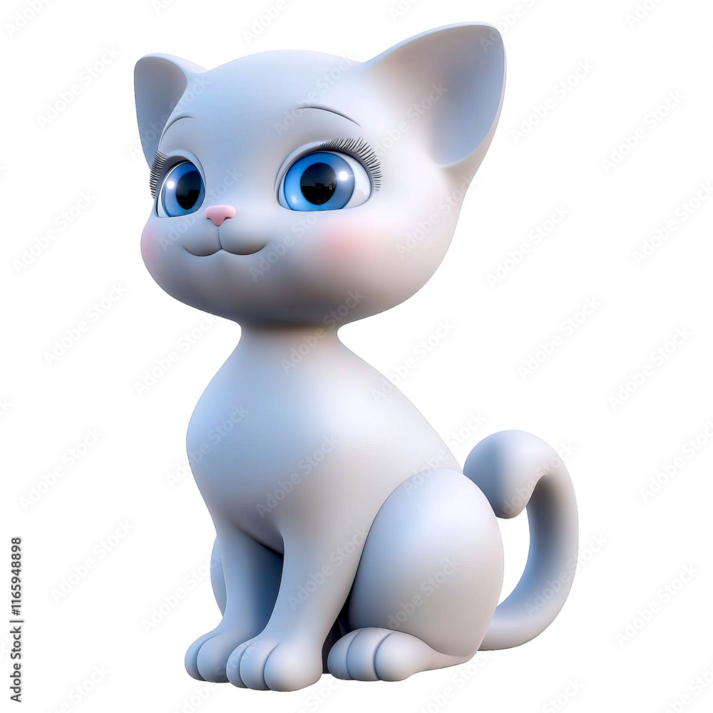 Adorable 3D rendered white kitten with big blue eyes sitting and to side isolated on png transparent background Adorable 3D rendered white kitten with big blue eyes sitting and to side isolated on png transparent background