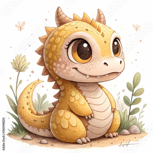 Charming illustration of a golden dragon with an endearing expression, sitting amidst a floral nature background. Ideal for children's content, fantasy themes, and lighthearted creative projects. photo