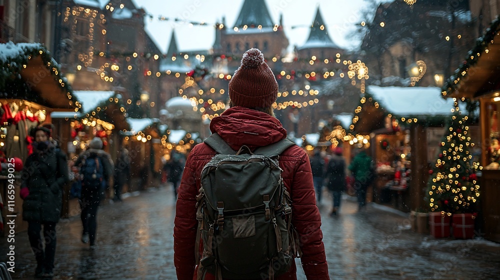 Obraz premium Person with backpack at snowy Christmas market.