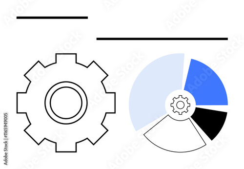 Gear beside segmented pie chart showing data distribution and process functionality. Ideal for concepts thumbs up data analytics, productivity, workflow, efficiency, operations, engineering, abstract