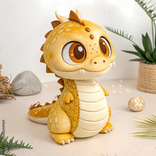 Charming illustration of a golden dragon with an endearing expression, sitting amidst a floral nature background. Ideal for children's content, fantasy themes, and lighthearted creative projects. photo