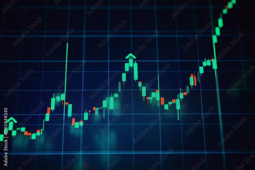 Stock market graph with upward candlestick charts and green arrows on a dark blue background, symbolizing financial growth. Stock market graph with upward candlestick charts and green arrows on a dark blue background, symbolizing financial growth.