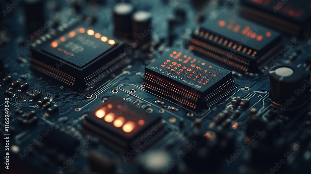 Close-up view of intricate circuitry with glowing elements in a modern electronic device Close-up view of intricate circuitry with glowing elements in a modern electronic device