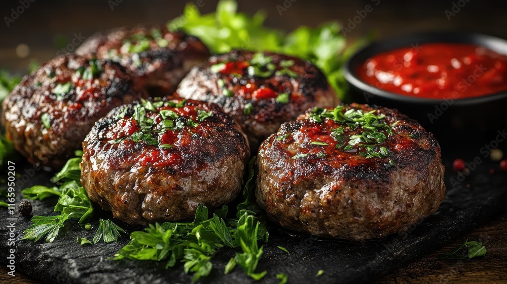 Delicious grilled beef patties with tomato sauce. Delicious grilled beef patties with tomato sauce.