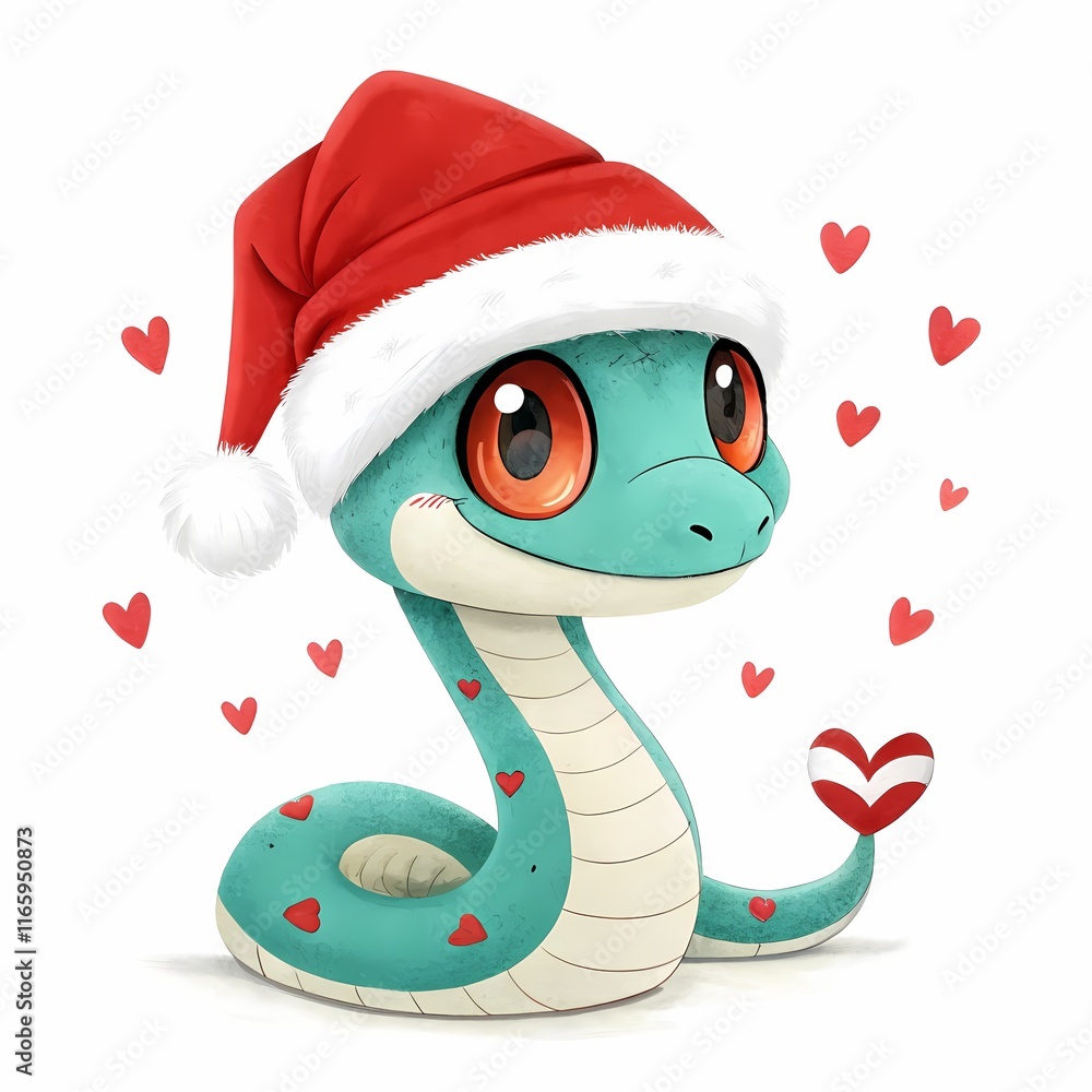 Fototapeta premium Cute Festive Cartoon Snake Wearing Santa Hat with Hearts