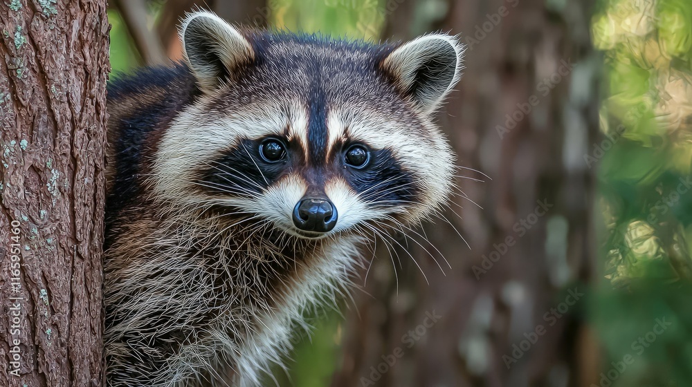 Curious raccoon peering from behind a tree trunk in a forest. Curious raccoon peering from behind a tree trunk in a forest.