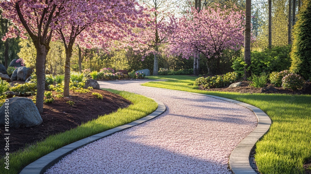 Fototapeta premium A serene garden pathway adorned with cherry blossoms, inviting a peaceful stroll through nature's beauty.