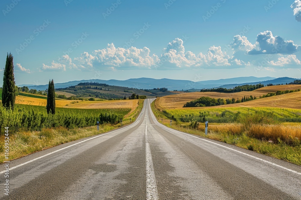 A winding road stretches through golden fields, flanked by trees and mountains in the background under a clear blue sky, embodying a serene countryside landscape. A winding road stretches through golden fields, flanked by trees and mountains in the background under a clear blue sky, embodying a serene countryside landscape.