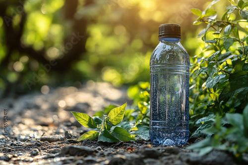 Sunlight shining on a plastic water bottle placed on a gravel path surrounded by greenery in a natural setting photo