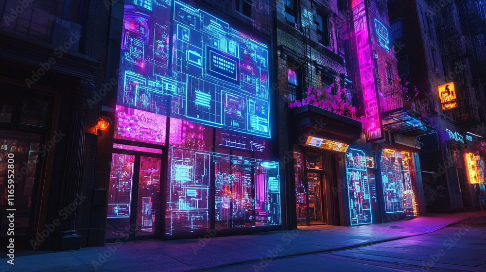 Bright neon lights illuminate urban street during nighttime in a modern city setting Bright neon lights illuminate urban street during nighttime in a modern city setting