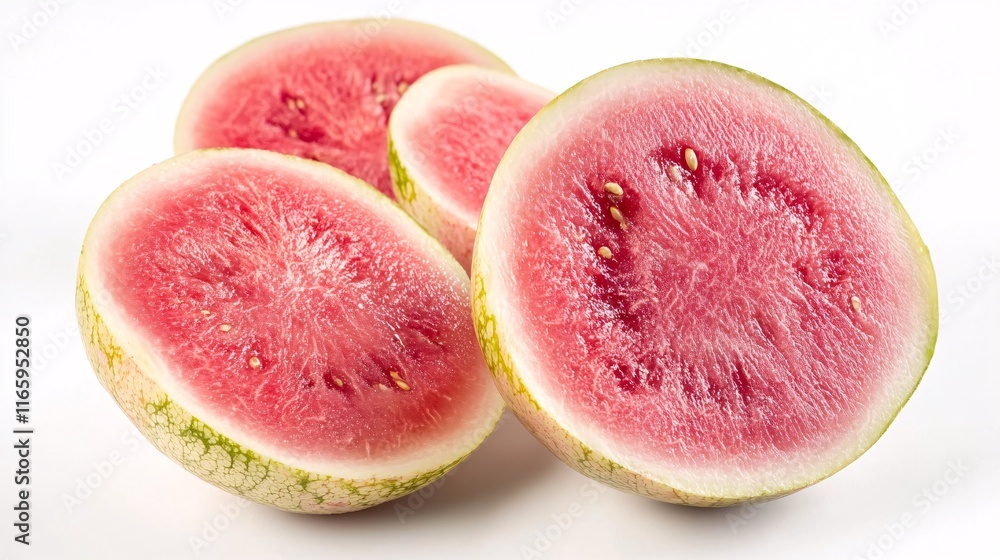 Freshly cut watermelon slices showcasing vibrant pink flesh and green rind, perfect for summer refreshment. Freshly cut watermelon slices showcasing vibrant pink flesh and green rind, perfect for summer refreshment.