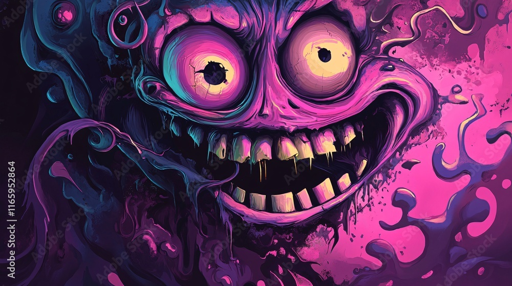 A vibrant, cartoonish monster with oversized eyes and a wide grin, set against a dark, colorful background. A vibrant, cartoonish monster with oversized eyes and a wide grin, set against a dark, colorful background.