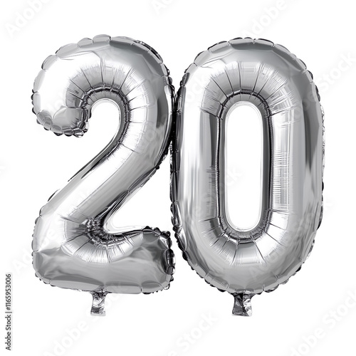 20 Shiny Silver Mylar Balloons Against a White Background. photo