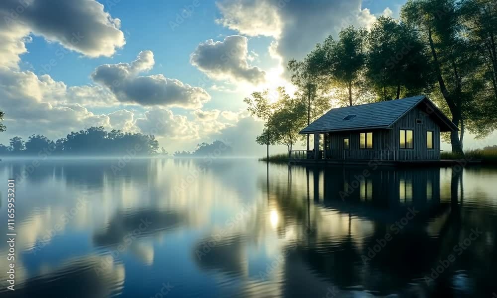 A serene lakeside scene with a house reflecting on calm waters under a bright sky. A serene lakeside scene with a house reflecting on calm waters under a bright sky.