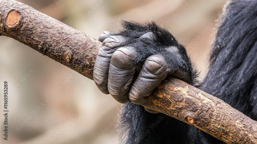 Obraz premium Close-up of a primate's hand gripping a branch.