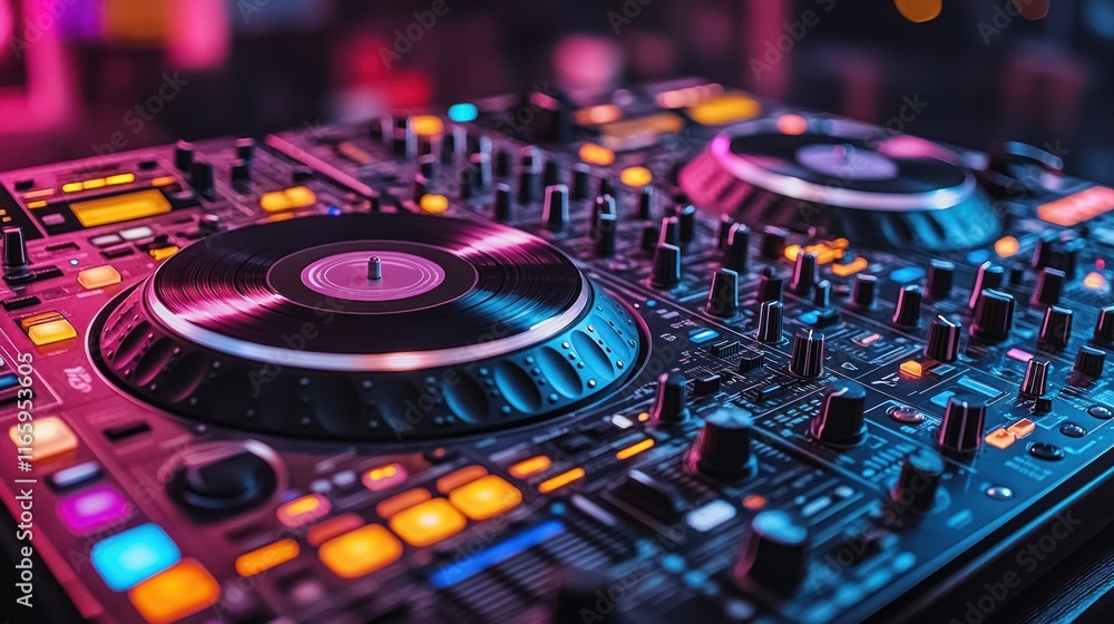 Obraz premium DJ equipment closeup with colorful lights.
