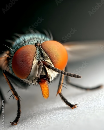 Extreme close up photograph of a fly s proboscis detecting chemical signals of an imminent threat capturing the rapid takeoff of the insect in mid motion against a sterile white backdrop photo