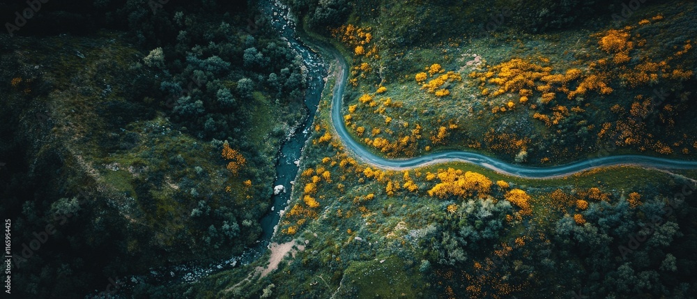 Winding river journey through scenic green hills aerial view nature landscape vibrant autumn colors Winding river journey through scenic green hills aerial view nature landscape vibrant autumn colors