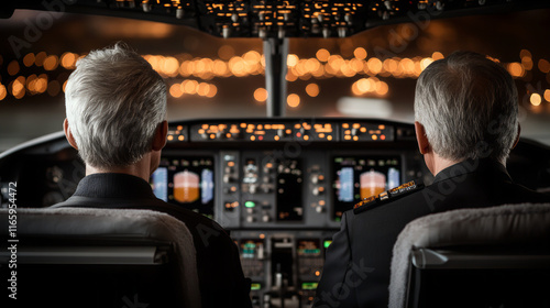 Pilots operating advanced cockpit controls in a modern aircraft during nighttime flight