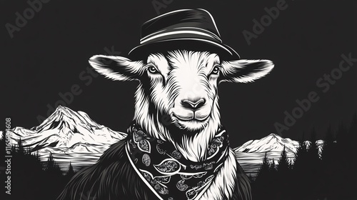 A stylish goat with a fedora and bandana against a mountain backdrop, blending humor with nature.