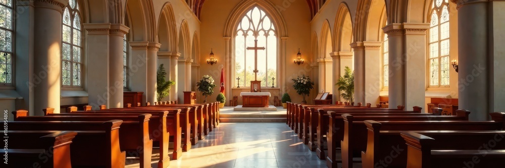 Naklejka premium Elegant church interior, memorial service details , goodbye, decorations, quiet