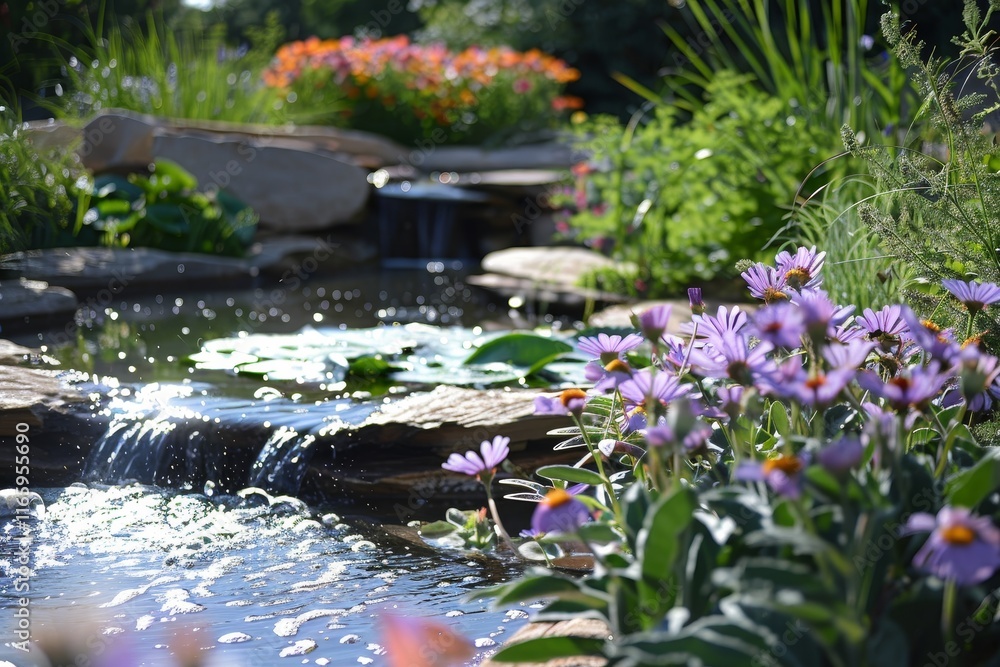 Colorful flowers bloom around a serene pond, where small waterfalls create ripples in the water under the bright sun, enhancing the garden's tranquil atmosphere. Colorful flowers bloom around a serene pond, where small waterfalls create ripples in the water under the bright sun, enhancing the garden's tranquil atmosphere.