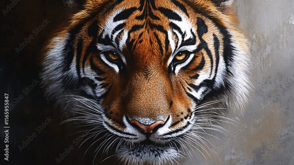 Fototapeta premium A majestic Bengal tiger with striking orange and black stripes and intense golden eyes, symbolizing power and grace.