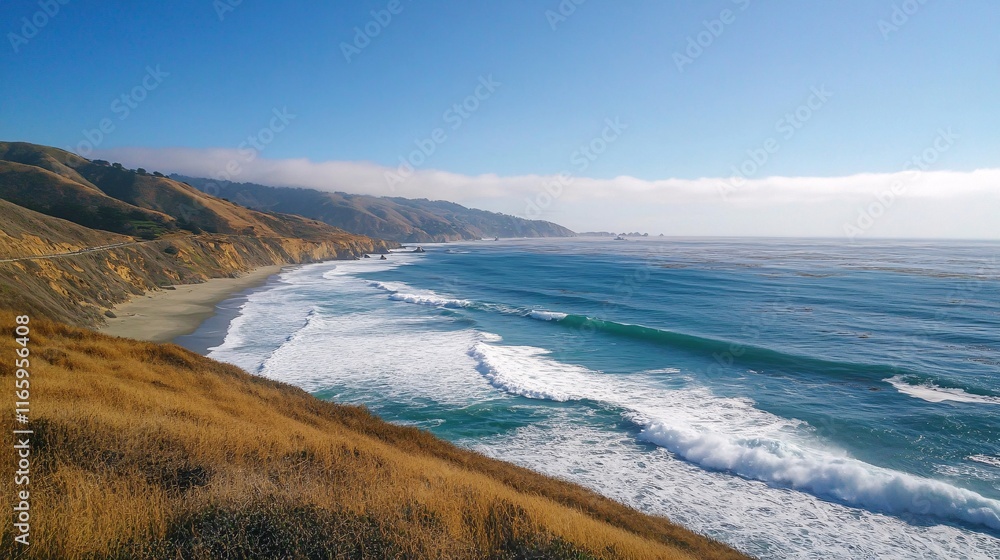 A stunning coastal view showcasing rolling waves and golden grasses under a blue sky. A stunning coastal view showcasing rolling waves and golden grasses under a blue sky.