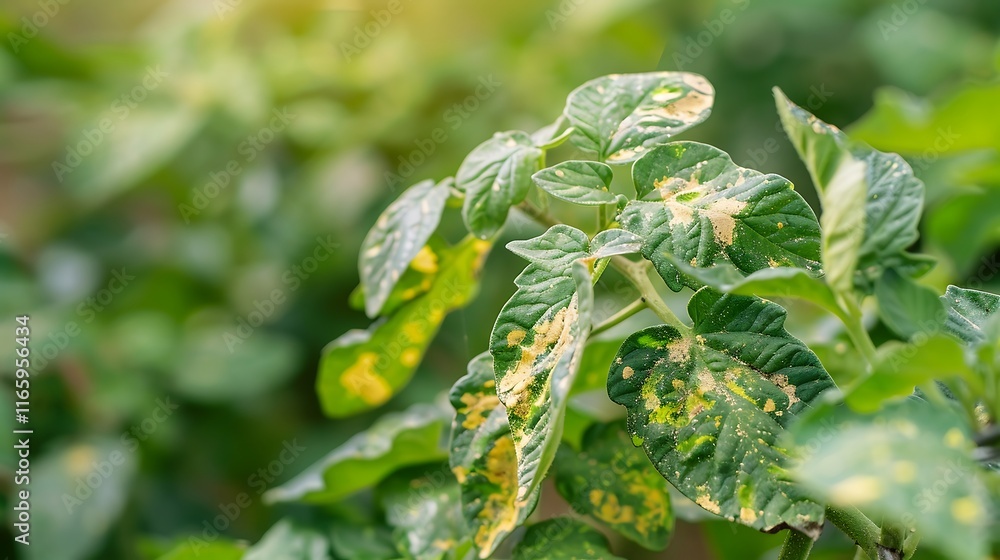 Leaf disease of tomato plant in the vegetable garden with sunlight. Leaf disease of tomato plant in the vegetable garden with sunlight.