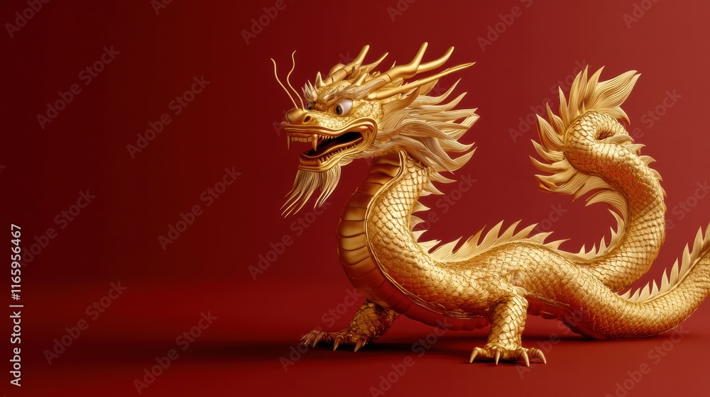 Obraz premium Close-up of a golden dragon statue with intricate details, set on a vivid red background. Ideal for Chinese New Year