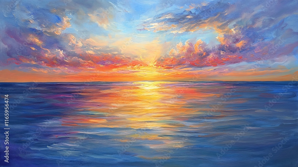 Fototapeta premium Vibrant sunset painting with rich colors reflecting on calm sea waters.