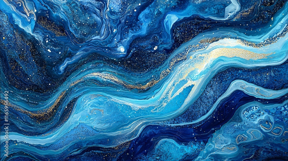 Obraz premium Abstract blue ocean waves with gold accents, evoking tranquility and depth.