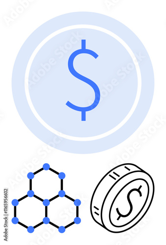 Currency symbol within circular icon, blockchain grid structure, and 3D-styled coin. Ideal for finance, technology, blockchain, cryptocurrency, fintech, investments payment systems abstract line