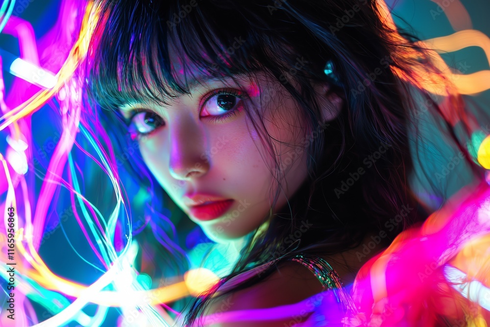 A striking portrait featuring a woman surrounded by vibrant neon lights that create an ethereal atmosphere. A striking portrait featuring a woman surrounded by vibrant neon lights that create an ethereal atmosphere.